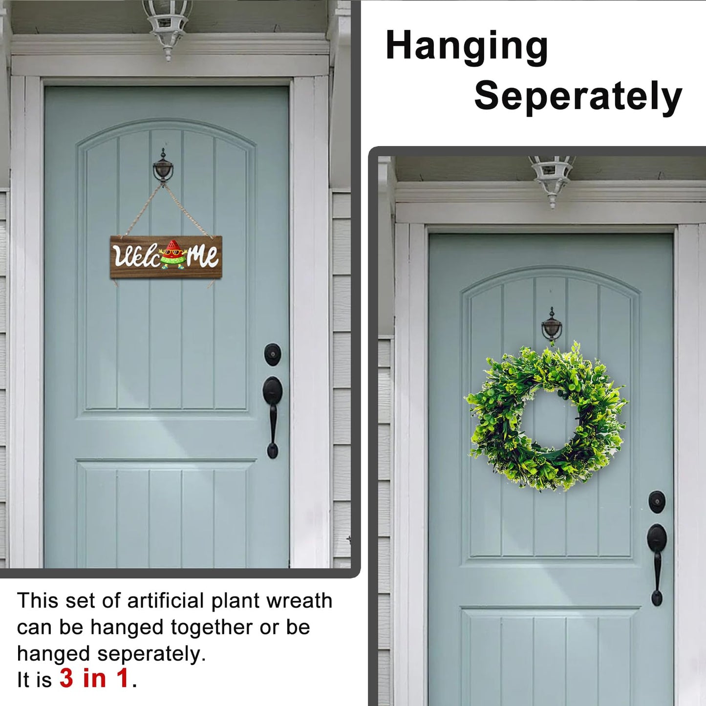 Artificial Boxwood Wreaths for Front Door, 16" Spring Summer Green Door Wreath with Welcome Sign for Holidays Wall Window Porch Farmhouse Decor Housewarming Gift