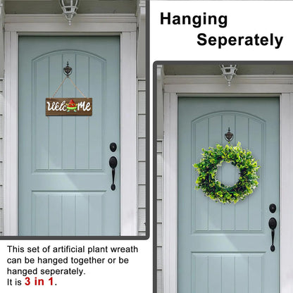 Artificial Boxwood Wreaths for Front Door, 16" Spring Summer Green Door Wreath with Welcome Sign for Holidays Wall Window Porch Farmhouse Decor Housewarming Gift