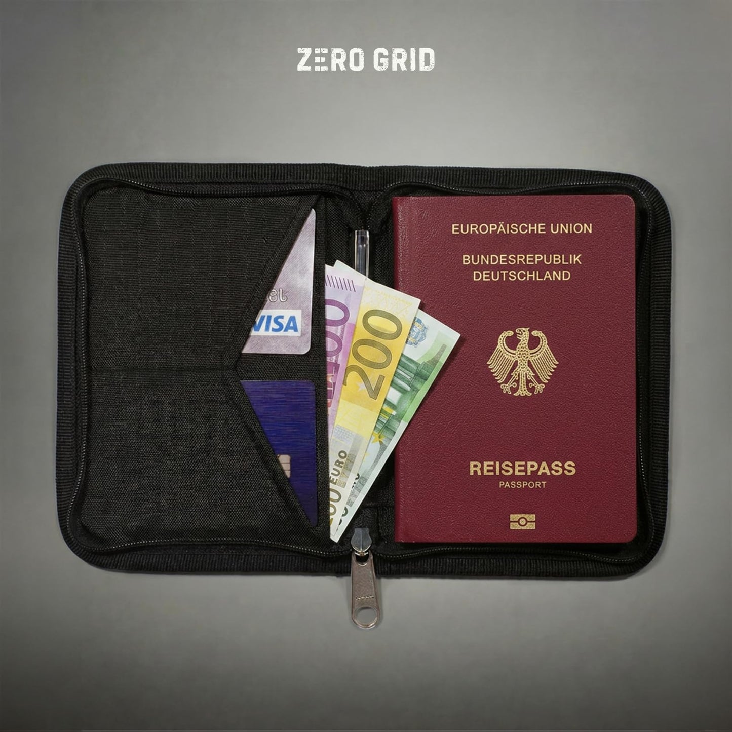 Zero Grid RFID Passport Holder & Travel Wallet, Zippered Wallet for Men & Women, Fits Passport, Cards, Cash, Tickets, ID, Sim Card; Premium & Compact Travel Document Holder - Midnight Black