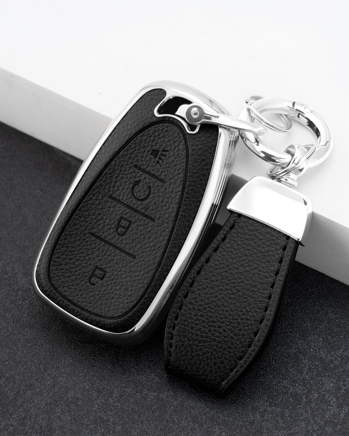 WCHJUD Soft Upper Leather TPU Key Fob Cover Case for Chevy Bolt Equinox Trax Sonic Volt 2017-2025 Accessories with Keychain (Silver-edged black, 4 Buttons)