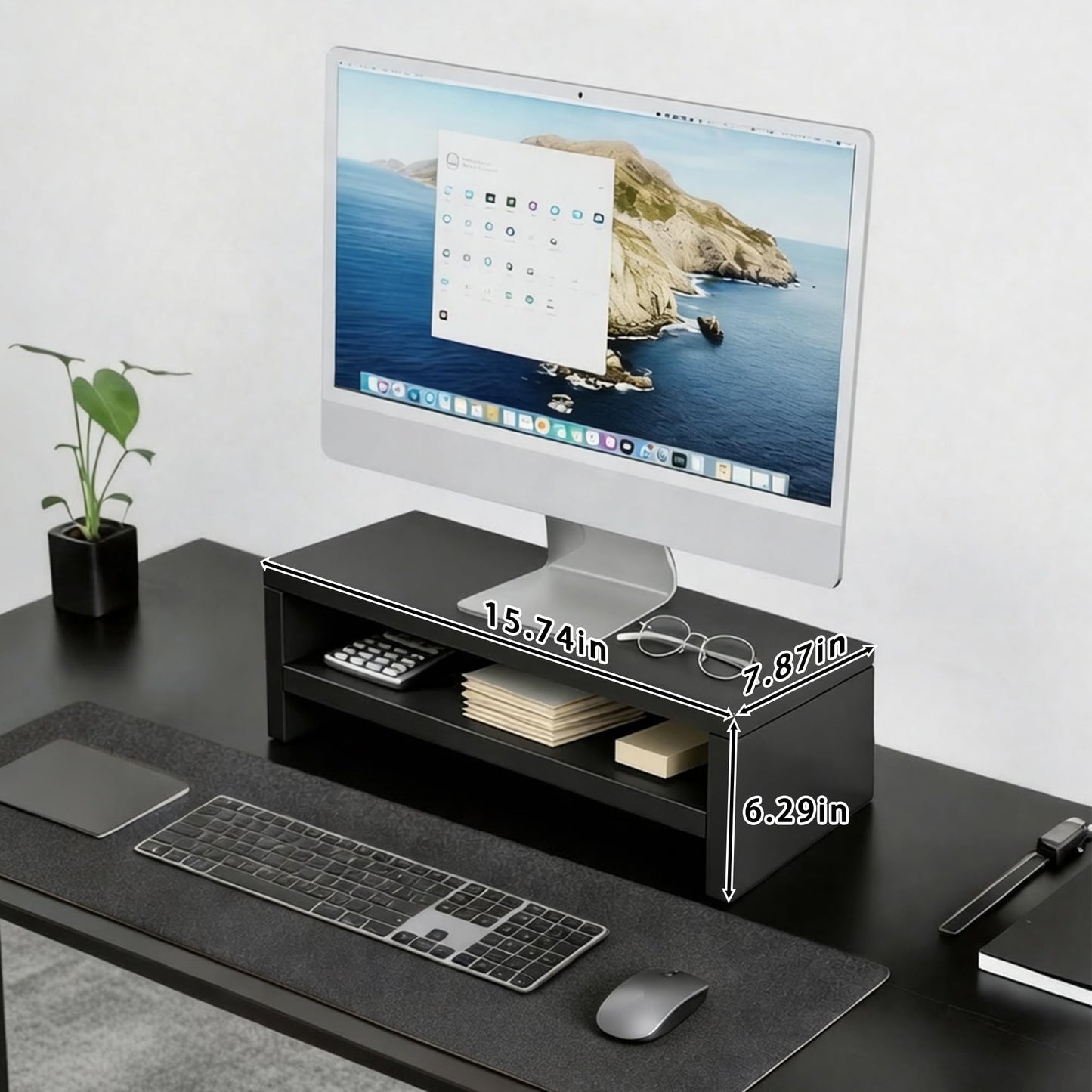 vie poetique Wooden Monitor Stand Riser, 2-Tier Desk Shelf with Storage Organizer, Ergonomic Computer Stand, Storage Organizer for Laptop, Computer, Black, 15.7 Inch