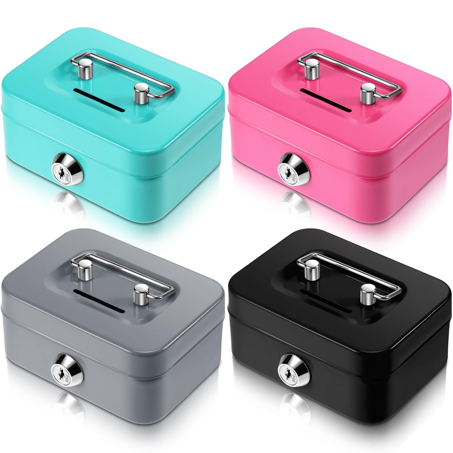 Tandefio 4 Pieces Small Money Box with Lock Metal Cash Box Piggy Bank with Lock and Slot 4.5 x 3.3 x 2 Inch Metal Coin Bank Gifts for Christmas New Year, Without Money Tray(Black, Green, Gray, Pink)