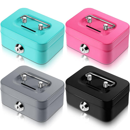 Tandefio 4 Pieces Small Money Box with Lock Metal Cash Box Piggy Bank with Lock and Slot 4.5 x 3.3 x 2 Inch Metal Coin Bank Gifts for Christmas New Year, Without Money Tray(Black, Green, Gray, Pink)
