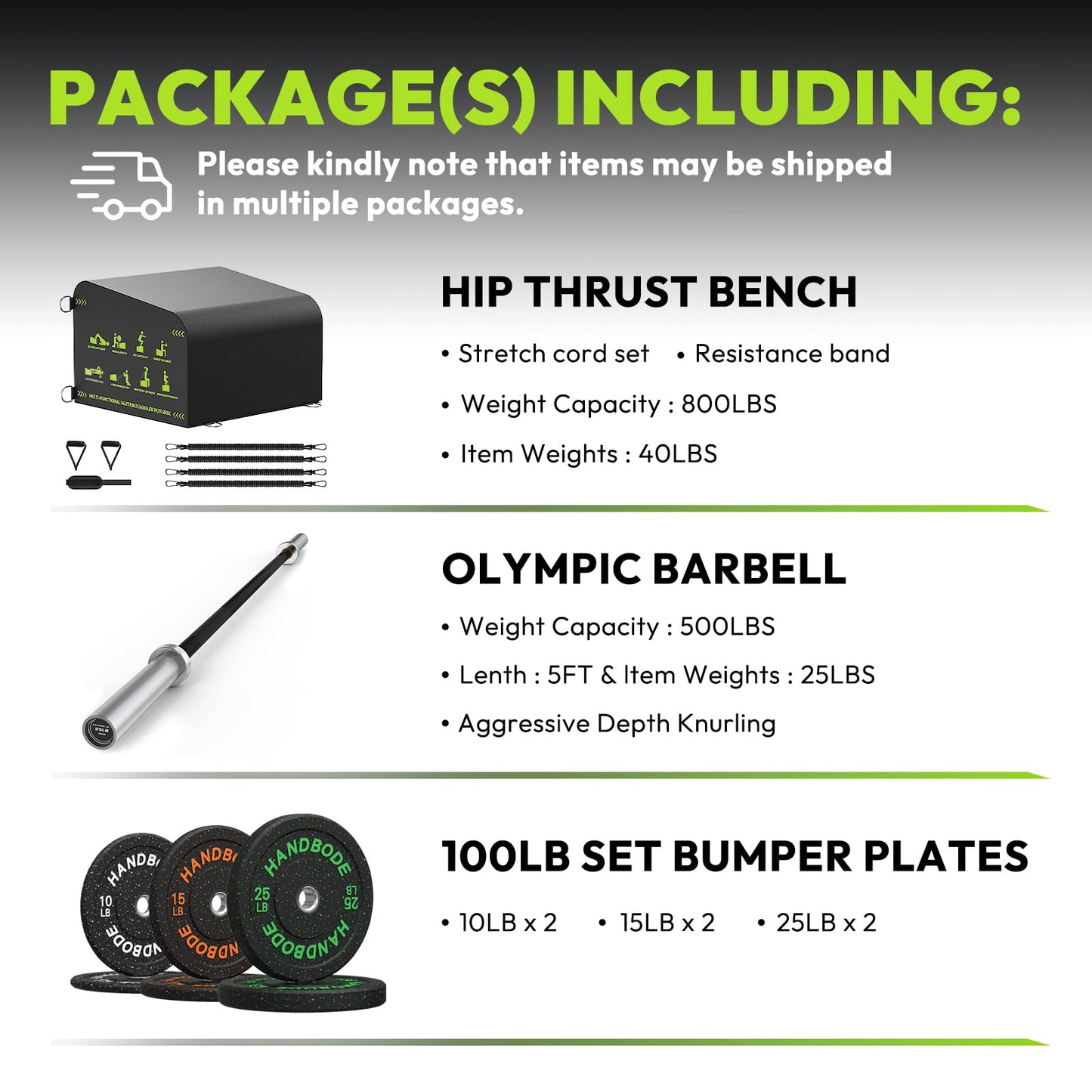 Hip Thrust Bench, Multi-Functional Slip-Free Hip Thrust Machine for Glute Bridge, Box Jump, Push-Ups, Squat, Ab Exercise, Suitable for Home & Gym, Includes 100lb Weight Plates & 4.9ft Olympic Bar