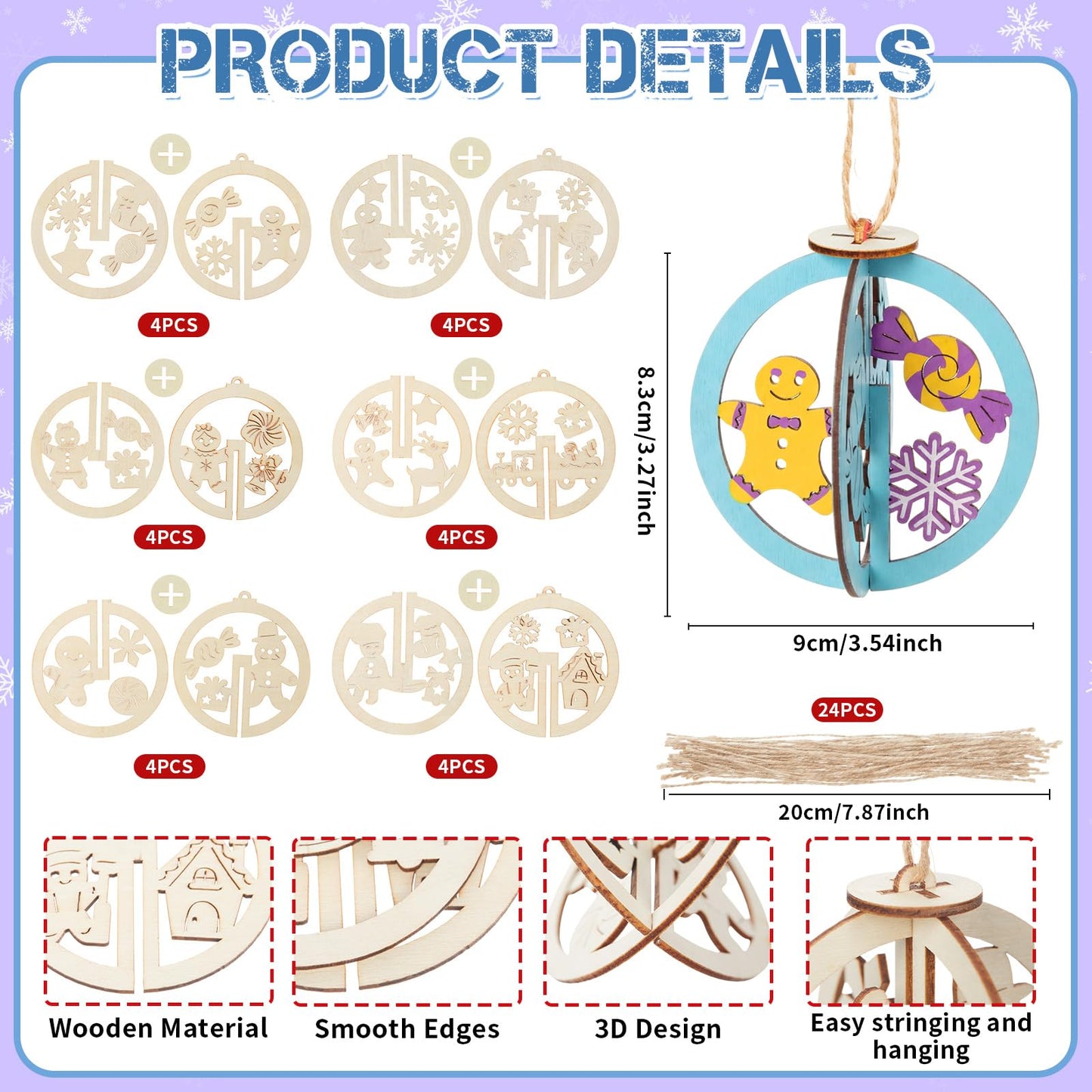 Chunful 72 Pcs DIY Wooden Crafts to Paint Winter Gingerbread Ornaments 3D Unfinished Wood Hanging Cutouts Blank Hollow Wood Gingerbread Slice for Craft Projects, Party, Holiday Cookie Decorations