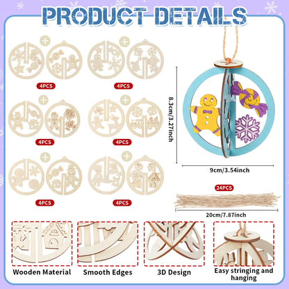 Chunful 72 Pcs DIY Wooden Crafts to Paint Winter Gingerbread Ornaments 3D Unfinished Wood Hanging Cutouts Blank Hollow Wood Gingerbread Slice for Craft Projects, Party, Holiday Cookie Decorations