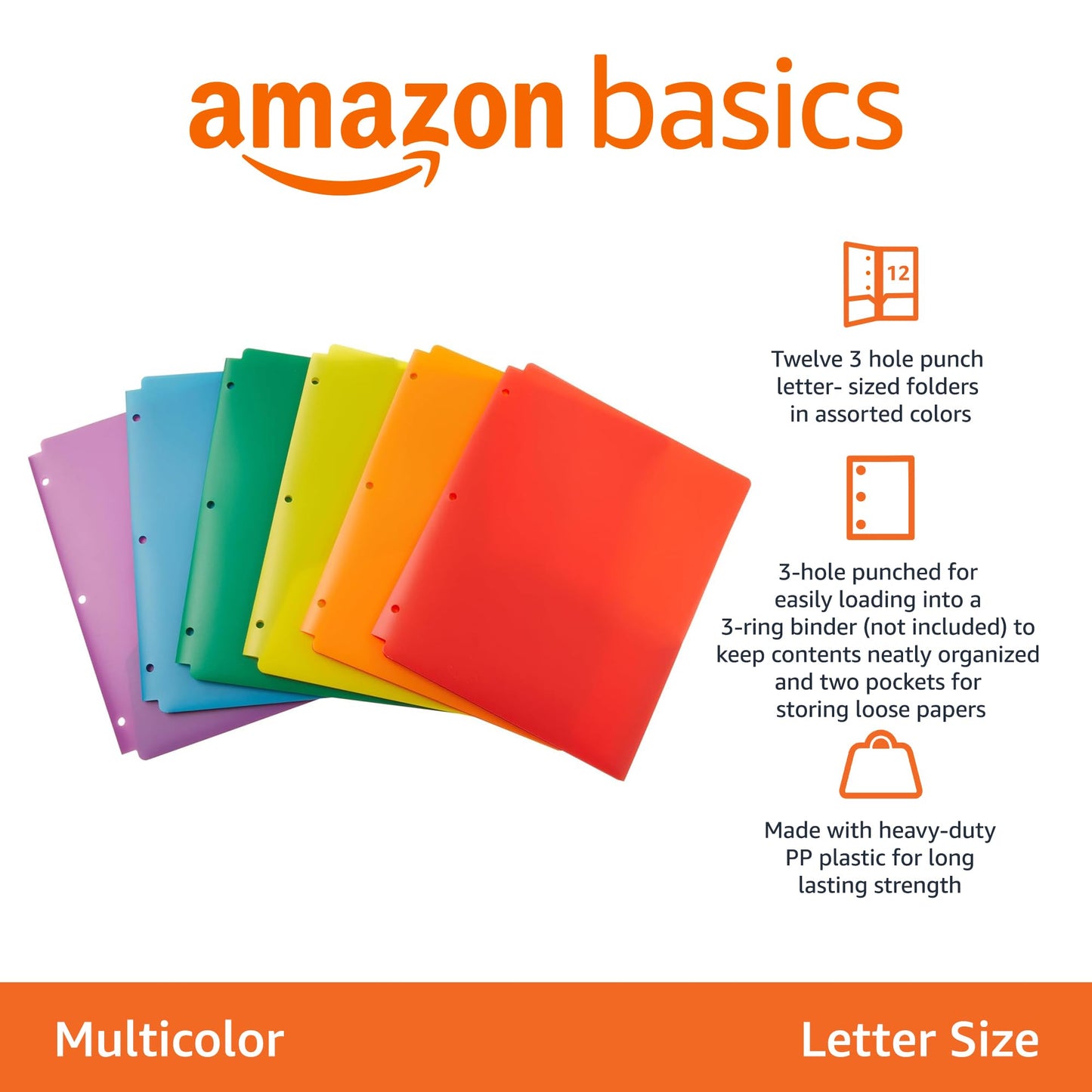 Amazon Basics Plastic 3 Hole Punch Folders with 2 Pockets, 8.5 x 11 inches, Pack of 12, Assorted Color