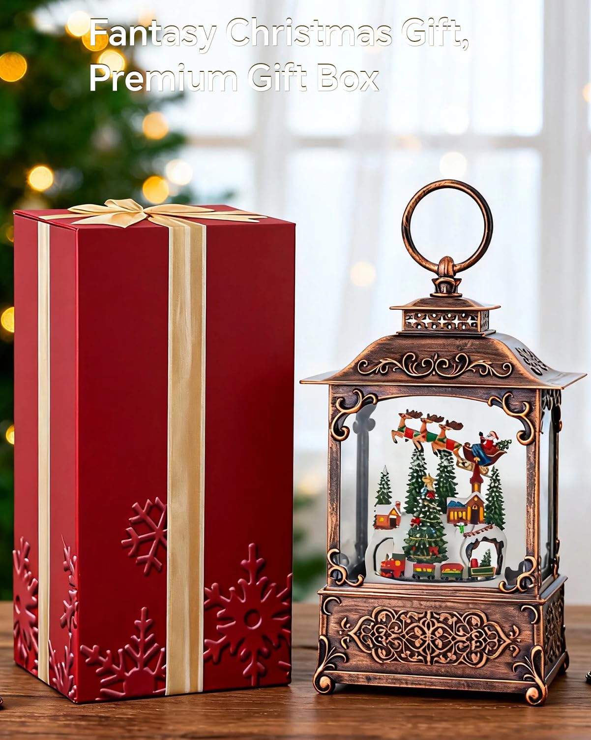 Snow Globe, Santa Snow Globe Christmas Tree, Lighted Musical Decorations Lantern,Village Houses, Train Battery, Reindeer, USB or Battery Operated，Gifts for Men and Kids.