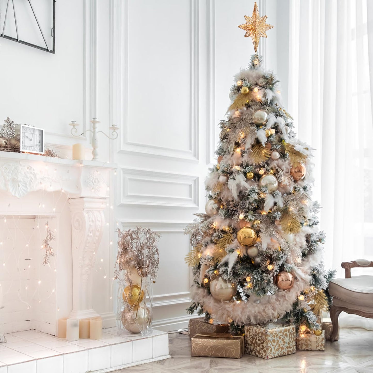 Christmas Tree Topper 15" Golden Glittered Star Tree Topper with 30 LED Lights Xmas Tree Topper Star for Xmas Decorations Ornaments Holiday Party Indoor Decor