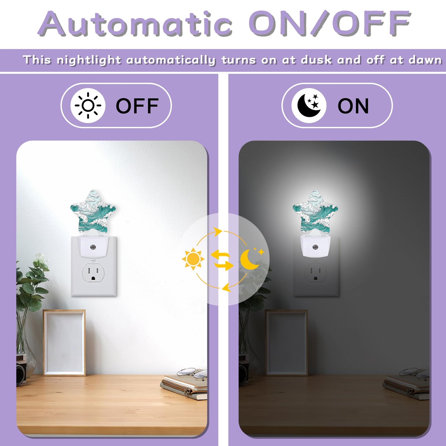Japanese Wave Art Decorative Nightlight Plug in Wall,Classic Ocean Star Shaped Night Light with Built in Sensor for Home Decor,Kitchen Hallway Stairs Desk Lamp