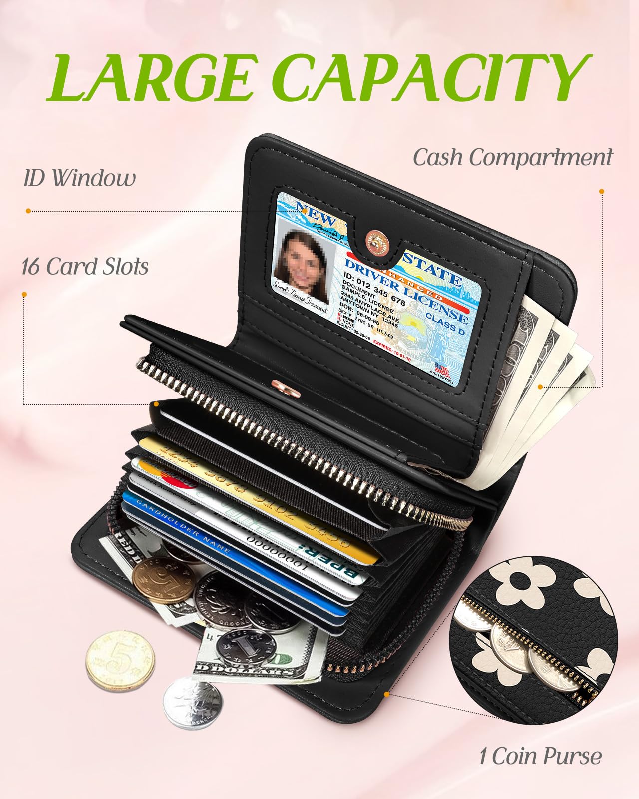 Bistup Credit Card Holder Wallet for Women - Cute Leather Ladies Teen Girls Female Cardholder Wallets Accordion Purse Small Medium Aesthetic Print Black Flower Unique Modern Rfid Zipper Around