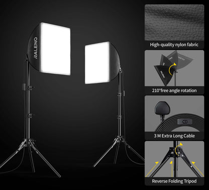 RALENO Softbox Lighting Kit, 2 x 16'' x 16'' Photography Studio Equipments with 50W / 5500K / 95 CRI LED Bulbs, Continuous Lighting System for Video Recording and Photography Shooting Model：PS080