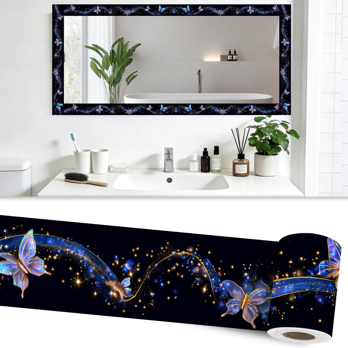 Nuxovilar Wallpaper Border Peel and Stick 3.94x16.4Ft PVC Removable Self-Adhesive Bathroom Kitchen Living Room (Starry Night Butterfly Ribbon Pattern)