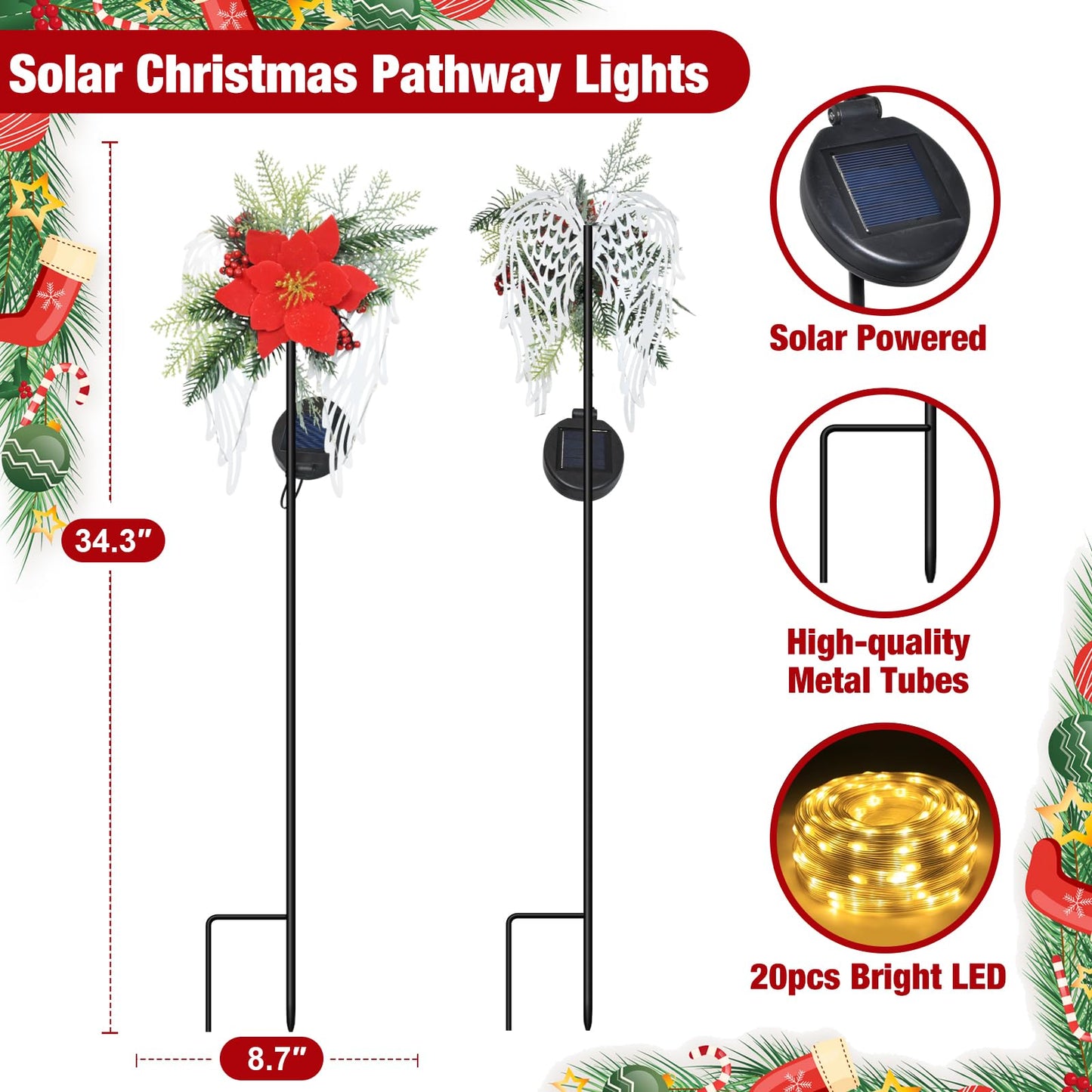 Solar Christmas Lights Outdoor Decorations, Angel Wings Garden Stake Lights Waterproof with Poinsettia Decor for Pathway, Patio, Yard, Lawn