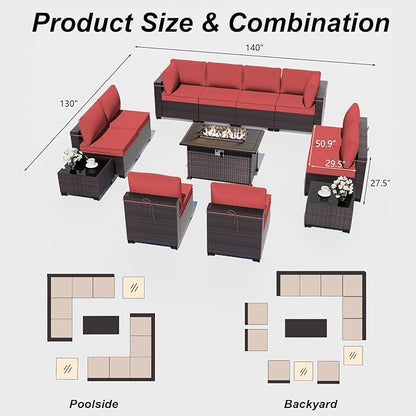 ALAULM 13 Pieces Patio Furniture Set with Fire Pit Table Outdoor Sectional Sofa Sets Outdoor Furniture 43" Gas Fire Pit CSA Approved PE Rattan Patio Conversation Set w/10 Seat Cushions (Red)