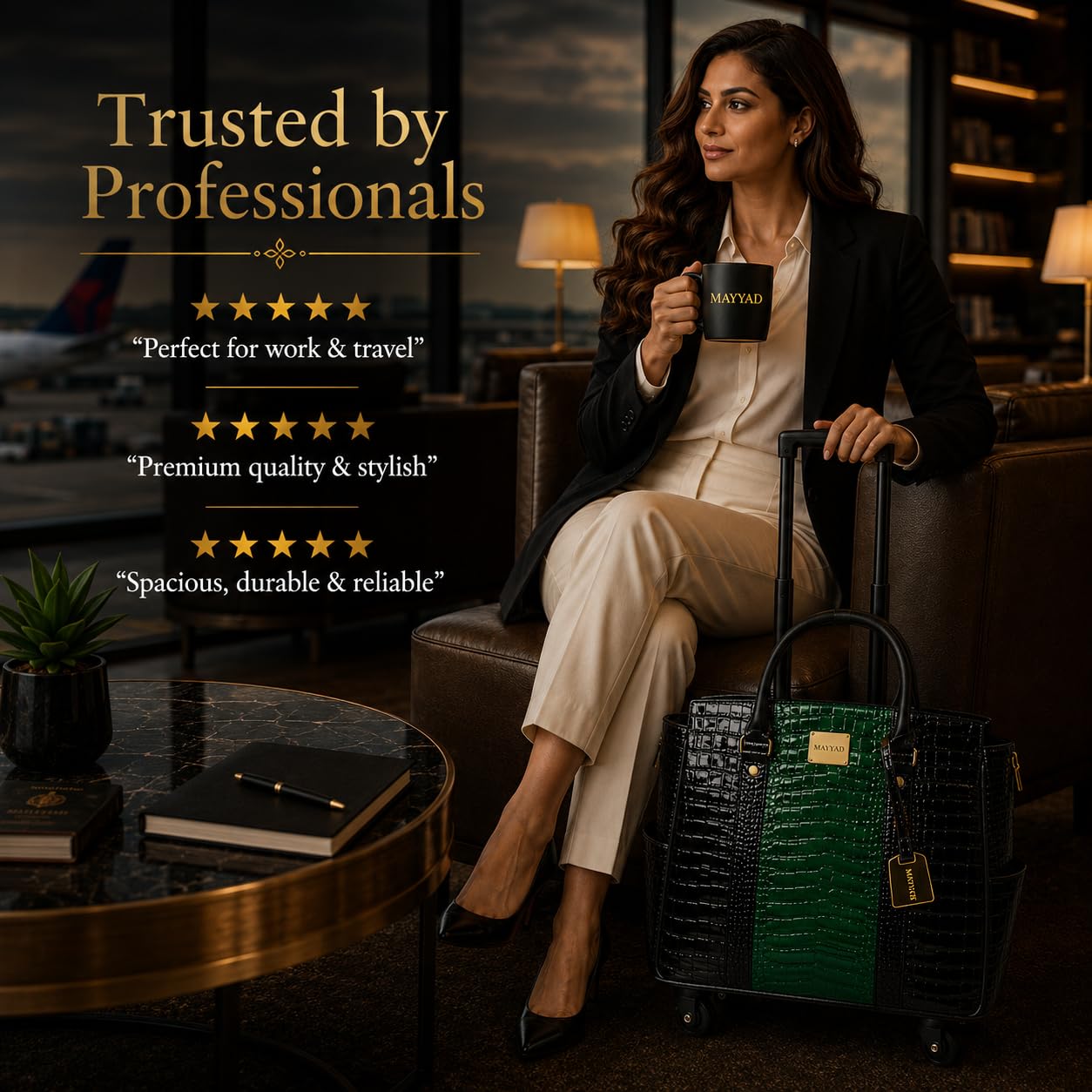 MAYYAD Emerald Green and Black Rolling Laptop Bag for Women – Premium Crocodile Embossed PU Leather Business Trolley – Stylish 17.3” Laptop Briefcase with Spinner Wheels