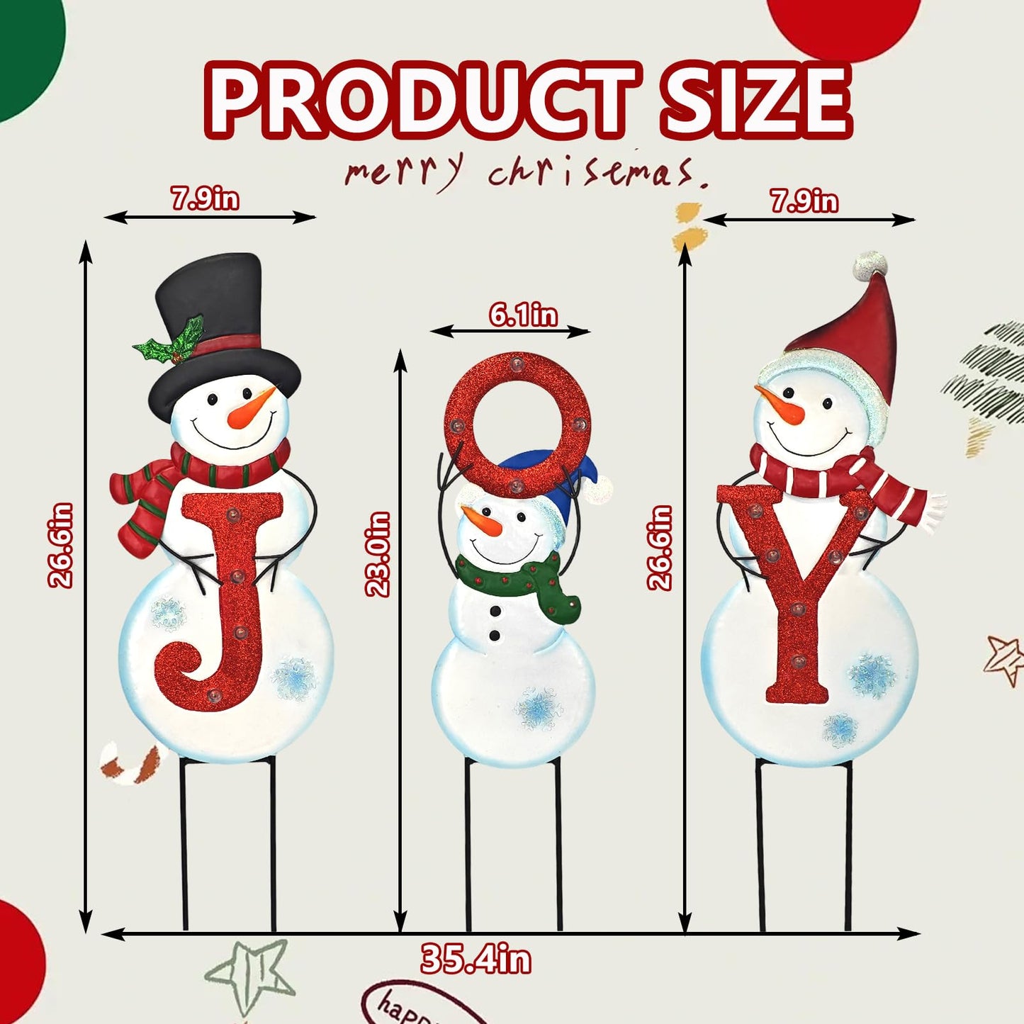 Christmas Outdoor Yard Signs Decorations, LED Solar Metal Garden Stake Lights with Joy for Patio Lawn Christmas Decor (Snowman Family)