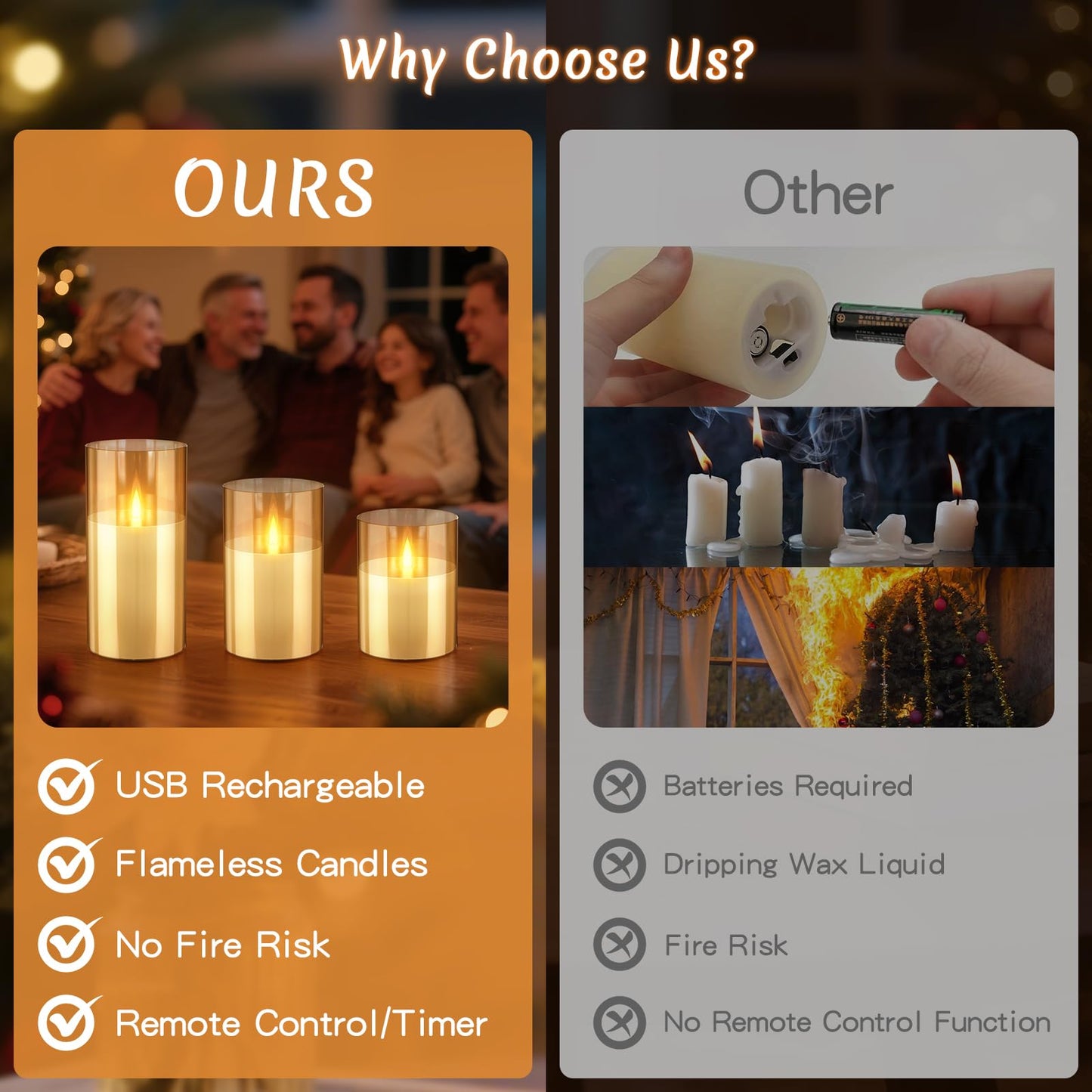 3PC Radar Motion Sensor Rechargeable Led Candles, Flameless Flickering Candle with Remote & Timer, Real Wax in Glass with Flickering Warm Light for Festival, Bedroom, christmas and party Decor-Amber