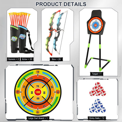 2 Pack Bow and Arrow Set with 29in Large Dart Board, LED Light Up Archery Set for Kids with 20 Suction Cup Arrows&12 Sticky Balls Standing Target Indoor Outdoor Toys Must Have for Boys Girls 3-12 yo