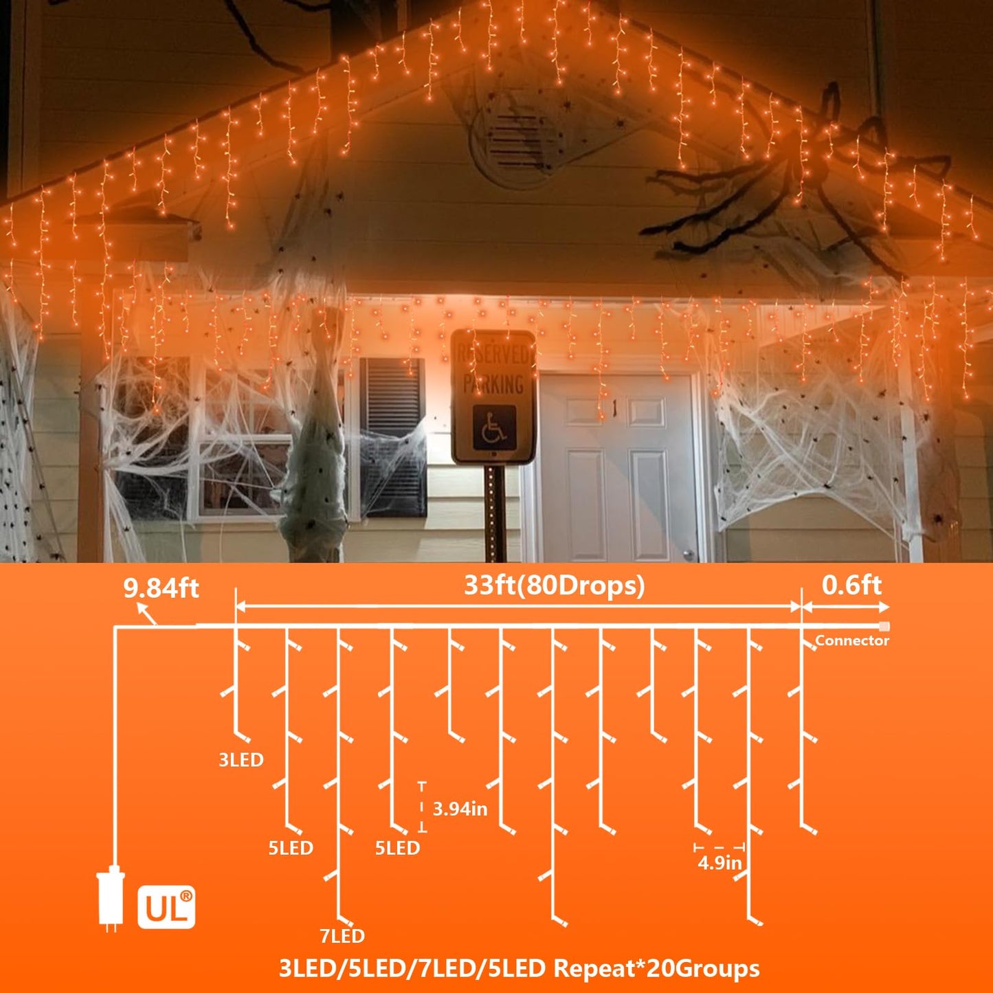 YEGUO 33ft 400 LED Orange Thanksgiving Lights, Connetable Icicle Light Outdoor Waterproof, 8 Modes Christmas Lights Indoor Plug in for Thanksgiving House Patio Fall