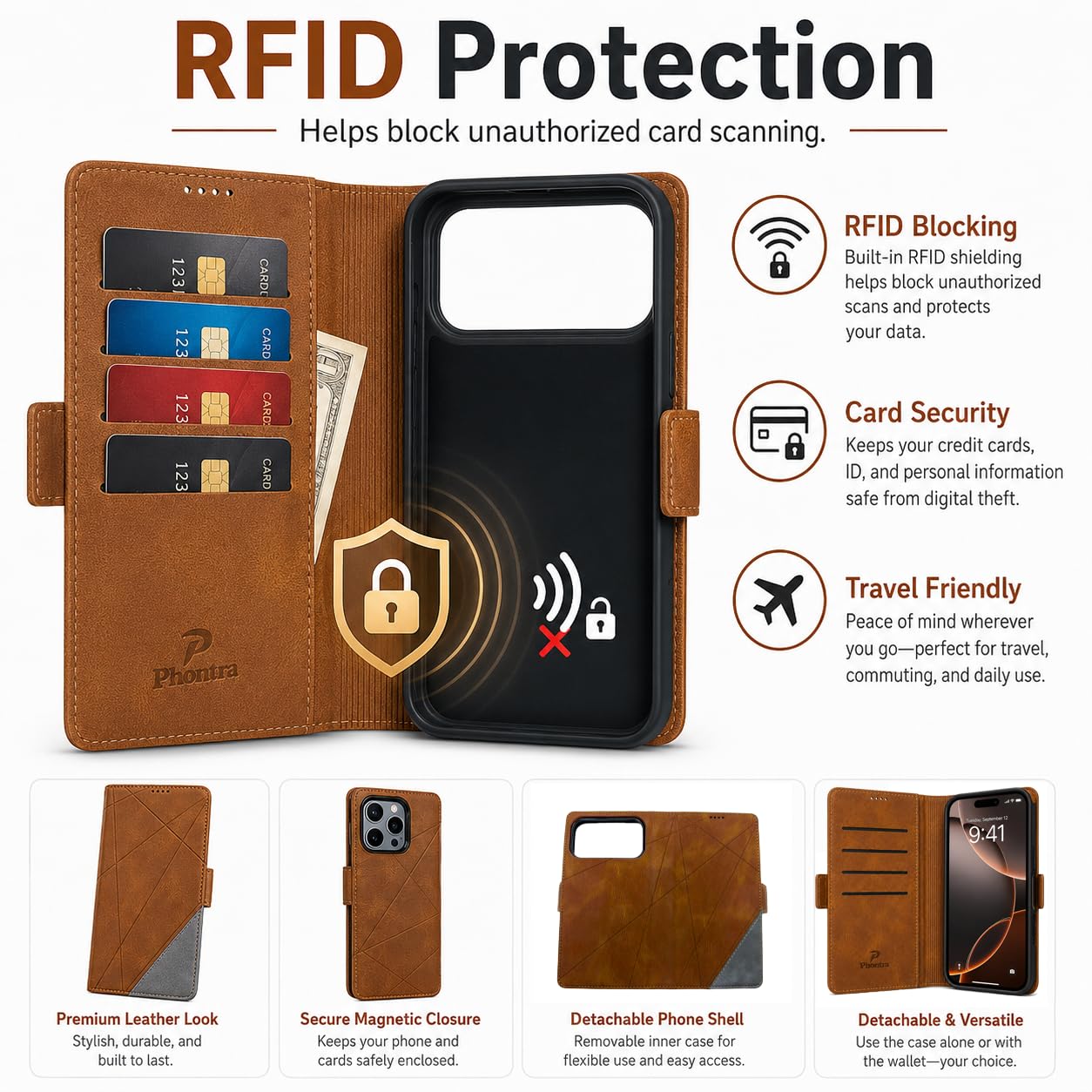 EMF Protection Anti Radiation Cell Phone Wallet Case for iPhone, EMF Blocker Genuine Leather Flip Folio Phone Cover, RFID Blocking Card Holder, MagSafe Case Wallet (Brown/Gray, iPhone 15 Pro Max)