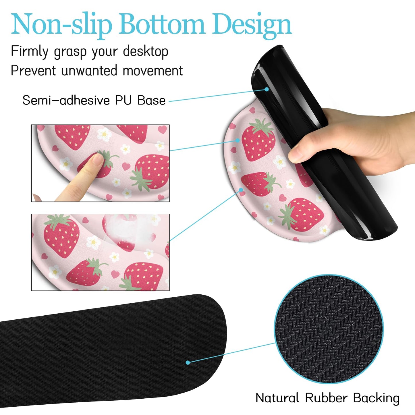 LIMKRIAN Strawberry Mouse Pad Desk Mat Set, Pink Ergonomic Mouse Pad with Wrist Rest, Large Gaming Mousepad Wrist Support Keyboard Mat Cup Coaster Set, Cute Office Desk Decor Accessories Supplies