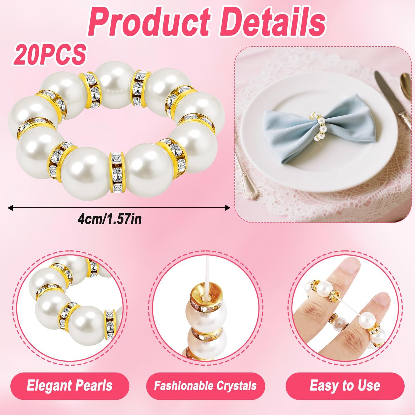 20Pcs Gold Napkin Rings Set Imitation Pearl Napkin Ring Holders for Wedding Reception Party Dinner Table Decor Essentials Metal Napkin Buckles Bulk Bridal Shower Holiday Gatherings Accessories