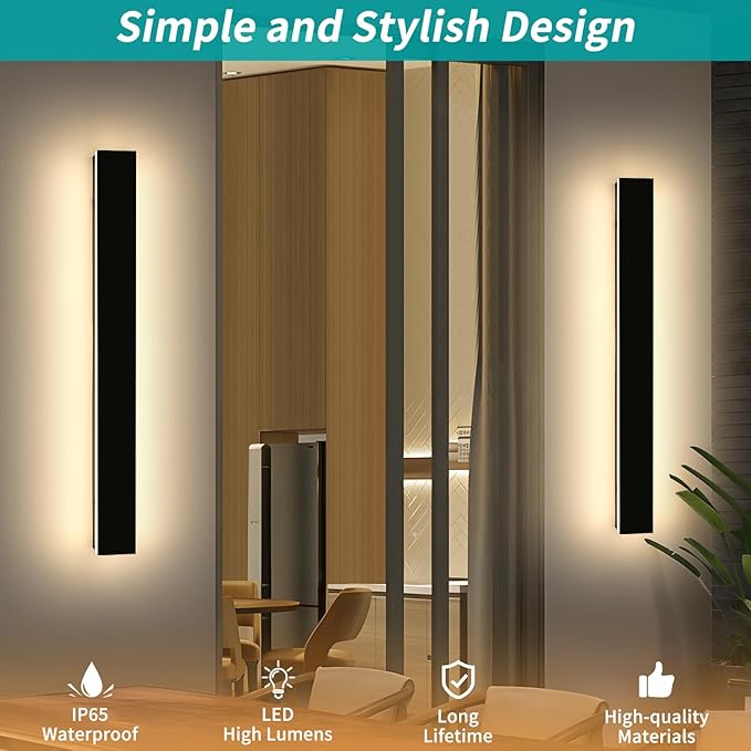 Mikeru 3CCT Dimmable Outdoor Wall Sconce 39.3" IP65 Waterproof - 2Pack Modern Black Exterior Light with Remote Control, Adjustable 3000K/4500K/6000K for Porch, Patio & Commercial Spaces | Hardwired