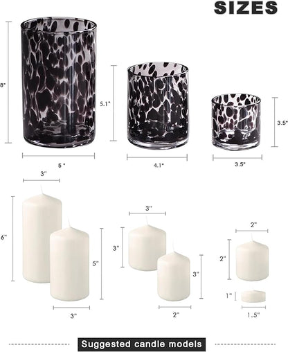 ARIAMOTION Glass Hurricane Candle Holder Set,Table Decoration Centerpieces for Pillar Votive Tealights Clear Cylinder Vase with Black Tortoise Pattern, 8 Inch 5 Inch 3.5 Inch Height, 3 Piece