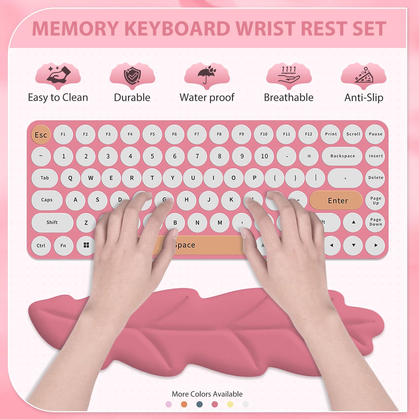 Leather Keyboard Wrist Rest Set, Wrist Rest for Keyboard and Mouse,Wrist Rest with Non-Slip PU Base, Comfortable Memory Foam Ergonomic Wrist Support Pad Arm Cushion for Computer Laptop Mac, Hot Pink