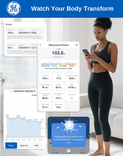 GE Smart Scale for Body Weight: BMI Body Fat Digital Bathroom Scales, 13 Body Composition Monitor Health Analyzer for Home Gym, Bluetooth App Sync, Accurate 400lb Weighing, Black 11inch