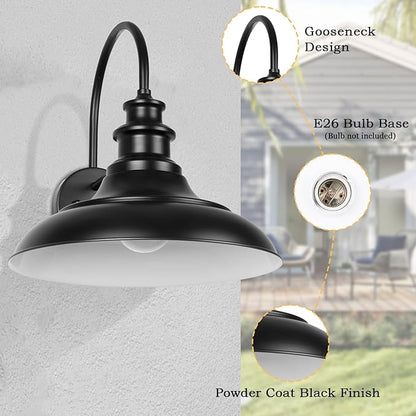 Dusk to Dawn Sensor Outdoor Barn Light Fixtures, 12.3 Inch Dome Farmhouse Outdoor Wall Sconces, Gooseneck Exterior Wall Mount Lights, Industrial Black White Wall Lanterns for Porch, DDRZ004-2 BK+WH