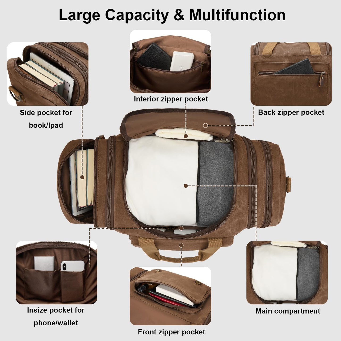 Waxed Canvas Duffel Bag 50L Waterproof Duffle Bag Travel Overnight Weekender Bag