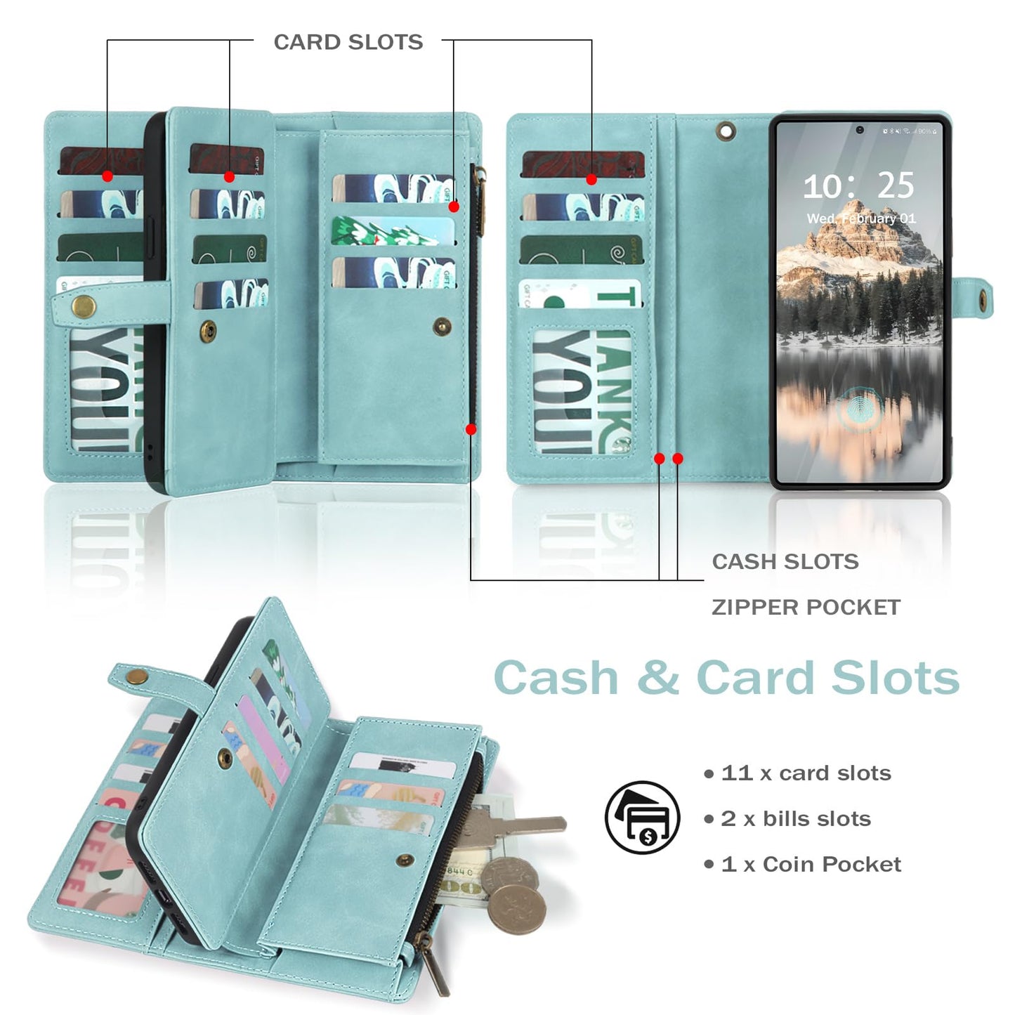TwoHead for Samsung Galaxy S25 Ultra Wallet Case with Card Holder, Detachable Magnetic Phone Case for S25 Ultra,PU Leather All-Round Protective Phone Case Wallet with Wrist Strap,Blue
