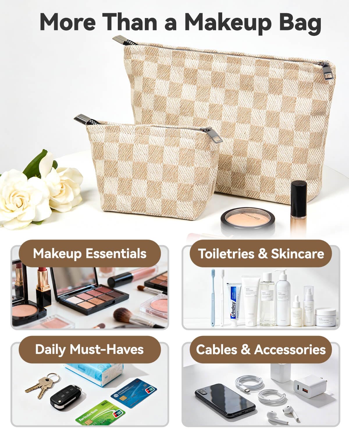 fahombag 2 Pcs Checkered Makeup Bag Set Canvas Cosmetic Pouch for Women Large & Small Cute Preppy Aesthetic Travel Toiletry Pouch Organizer for Purse Skincare Brushes, Khahi