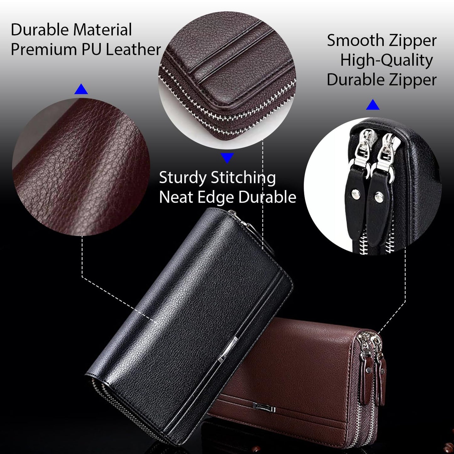 Long Wallet for Men with 12 Card Slots, Waterproof Leather Zipper Wallets for Men, Travle Wallet Clutch Men for Phone Cash and Card, Gift for Father Son Husband Boyfriend (Black)