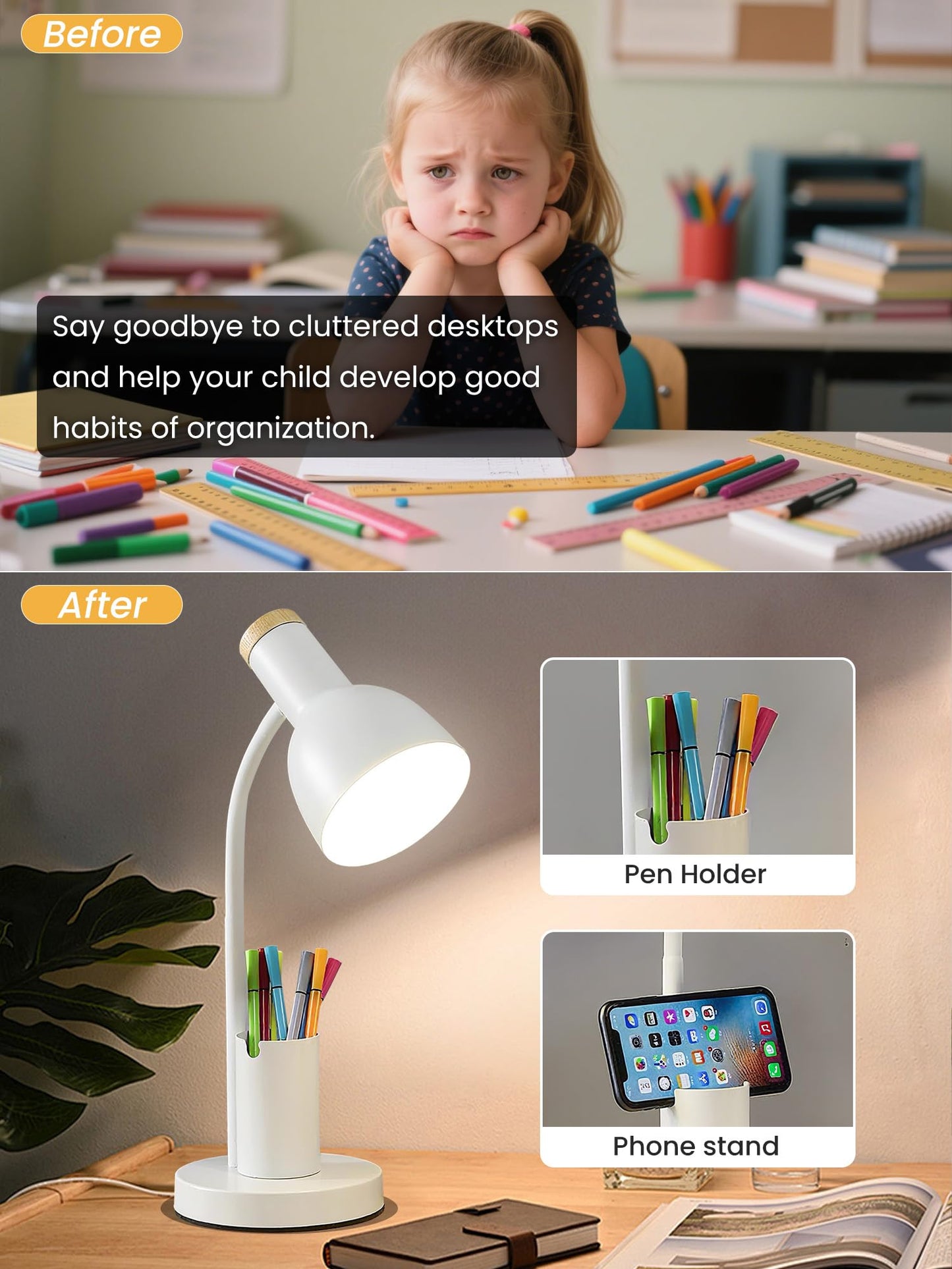 Desk Lamp, LED Desk Lamps for Home Office, 3 Color Modes Eye-Caring Reading Light, Flexible Gooseneck Desk Light with Pen Holder, Table Lamp for Bedroom Bedside College Dorm Study Room (White lamp)