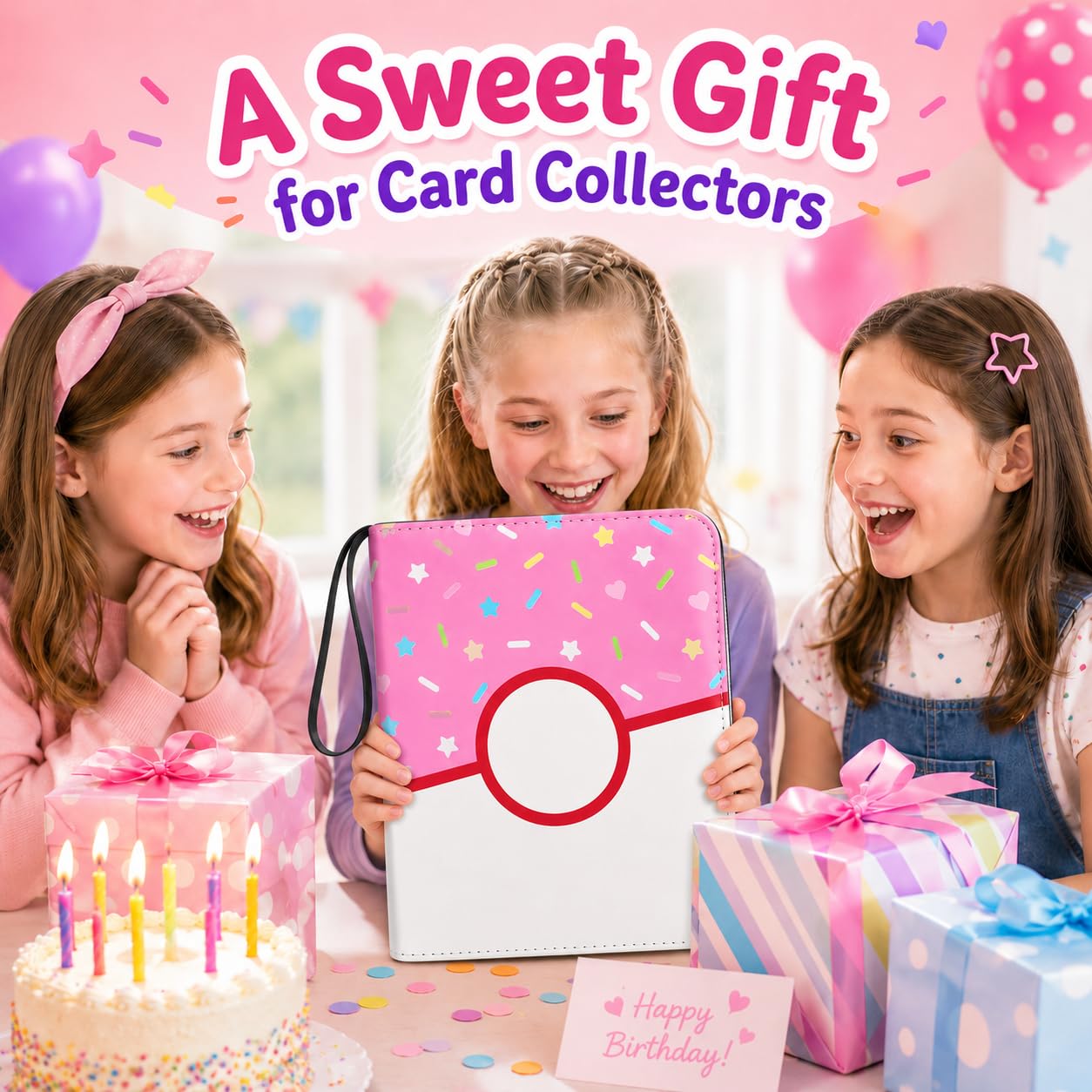9 Pocket Card Binder 900 Card Holder Album, Pink Donut Trading Cards Holder Zipper Binder for Girl Teen Collection (Pink Donut, 900 Pocket)