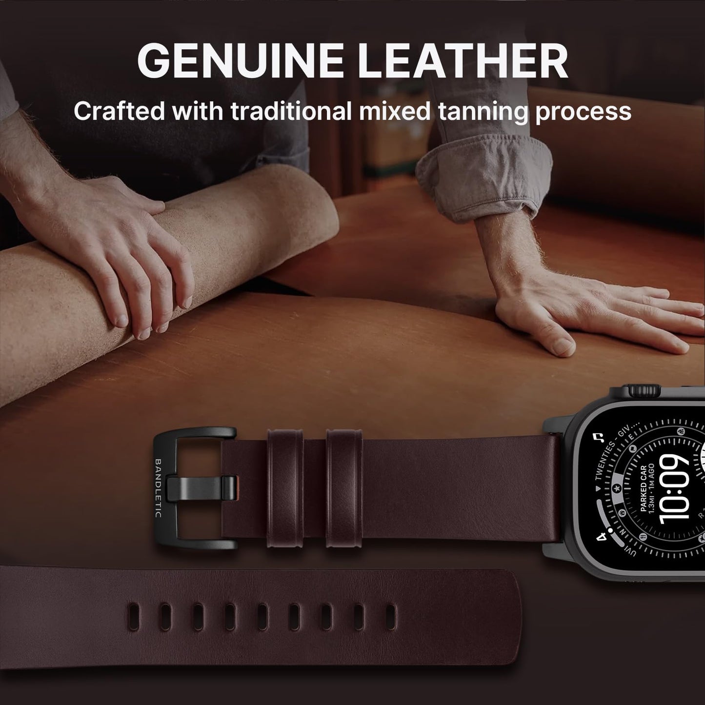 Bandletic Compatible with Apple Watch Ultra 2 Band for Men Women, Soft Genuine Leather Bands Replacement Strap for iWatch 49mm(Ultra 3/2/1),46mm(11/10),45mm(9/8/7),44mm(SE3/SE2/SE/6/5/4),42mm(3/2/1)