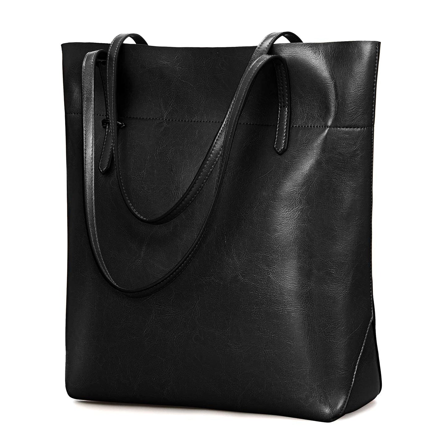 Kattee Vintage Genuine Leather Tote Shoulder Handbag for Woman with Adjustable Handles (Black)