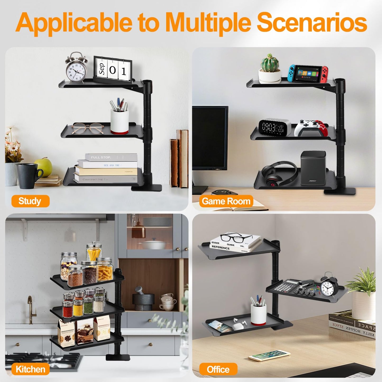 FBOAZI 3 Tier Clamp On Desk Shelf,360° Rotatable Adjustable Above or Under Desktop Organizer,Carbon Steel Storage Tray for Home Office and Gaming Accessories（Black）