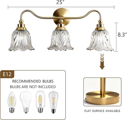 3-Lights Bathroom Vanity Light Gold Vintage Light Fixtures Floral Flower Matte Antique Brass Crystal Glass Shade, Wall Sconces Lighting for Living Room, Bedroom, Hallway（E12 Base）