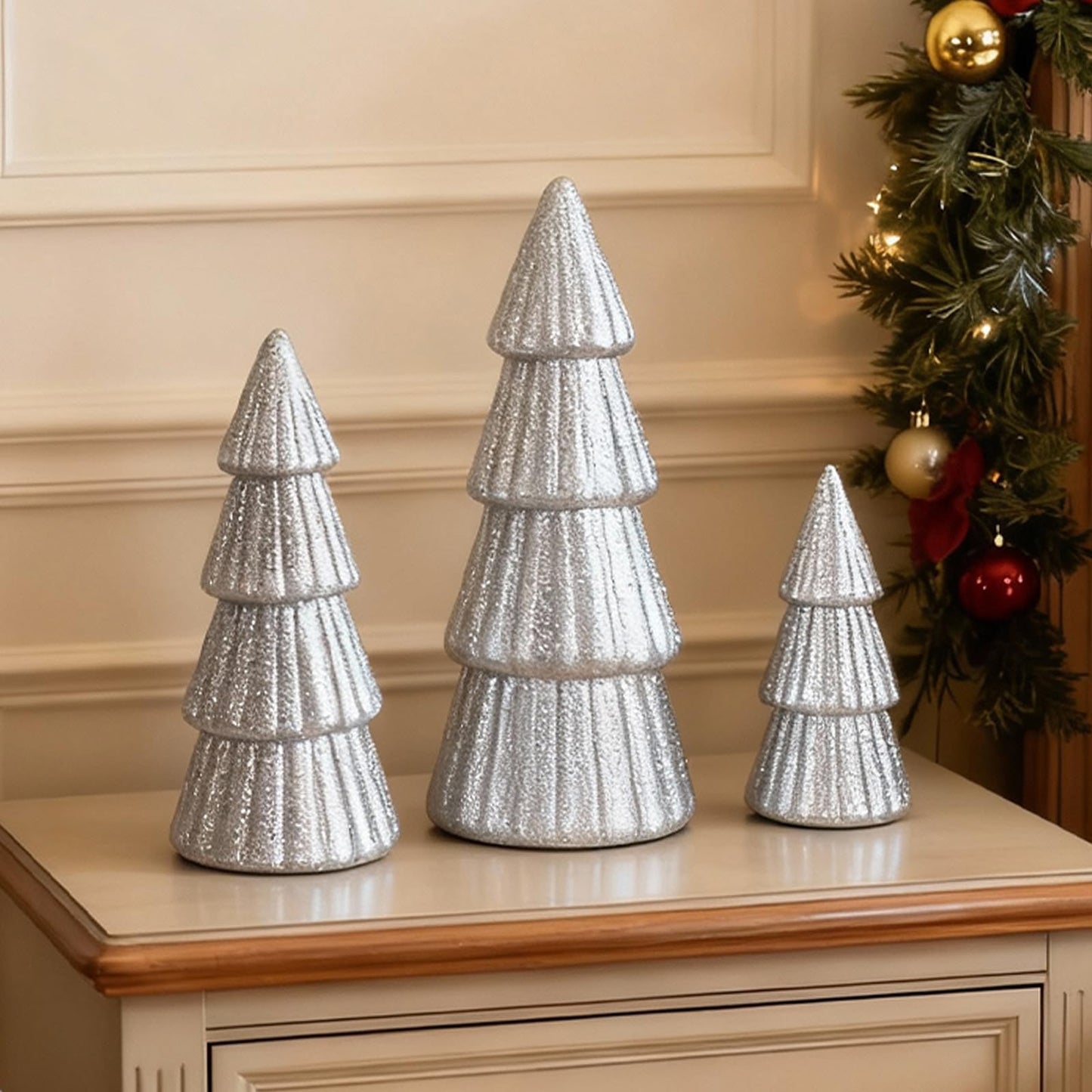Joyhalo Tabletop Christmas Trees, Set of 3 Frosted Christmas Trees Indoor Xmas Decoration Centerpieces for Table, Mantel, Holiday, Party and Home Decor, Silver