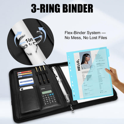 NATISERAUM Portfolio Binder 3 Ring Includes Pen and 5 Dividers with 10 Pockets, Padfolio Organizer with Magnetic Handle for Men and Women, Includes A4 Notepad for Business, School, Work