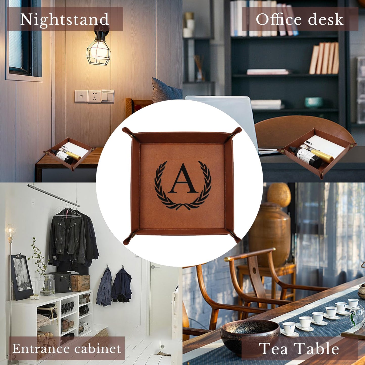Personalized Leather Valet Tray Engraved Initials Key Tray Nightstand Organizer Valentines Day Birthday for Men Dad Husband Boyfriend (M)