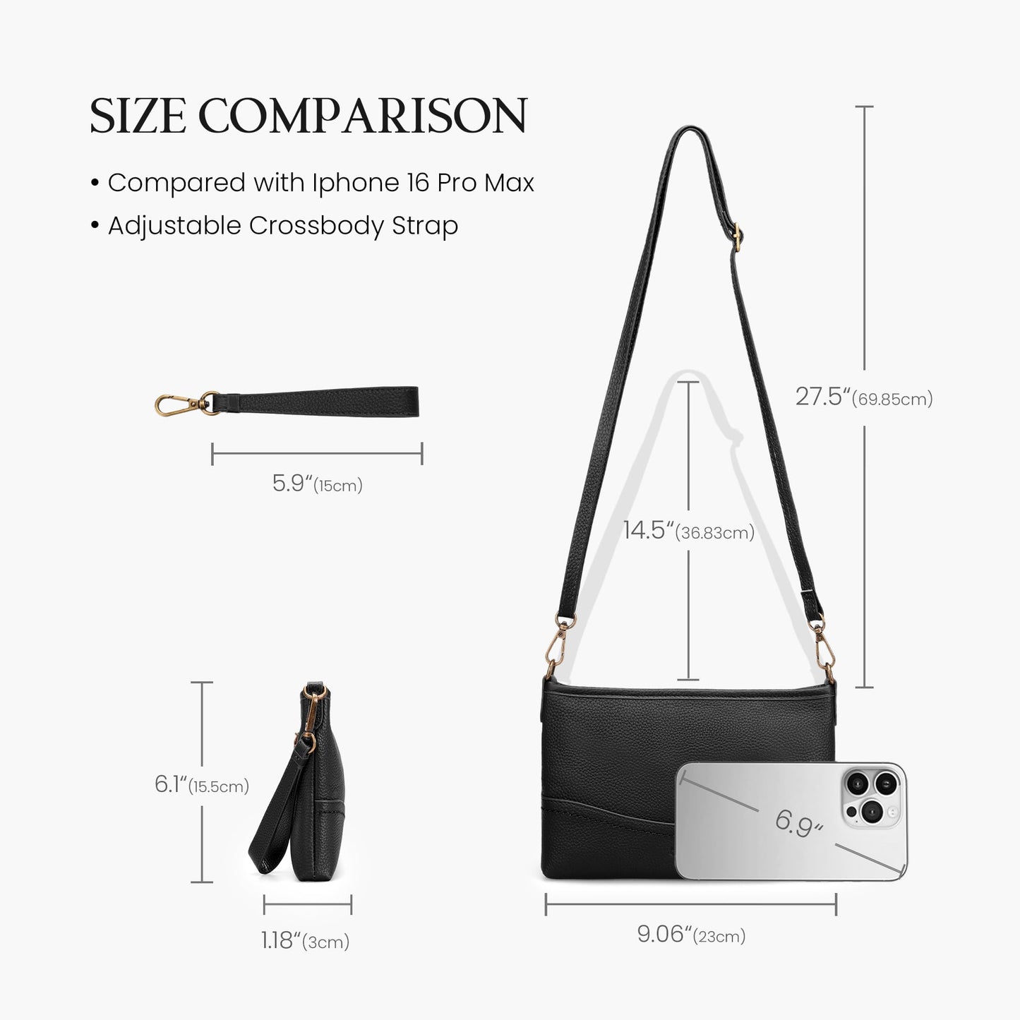 befen Genuine Leather Wristlet Wallets for Women Black Clutch Purse RFID Blocking Small Crossbody Bags Cell Phone Wallet Soft Leather Purse for Travel Women Shoulder Handbag with 2 Removable Straps