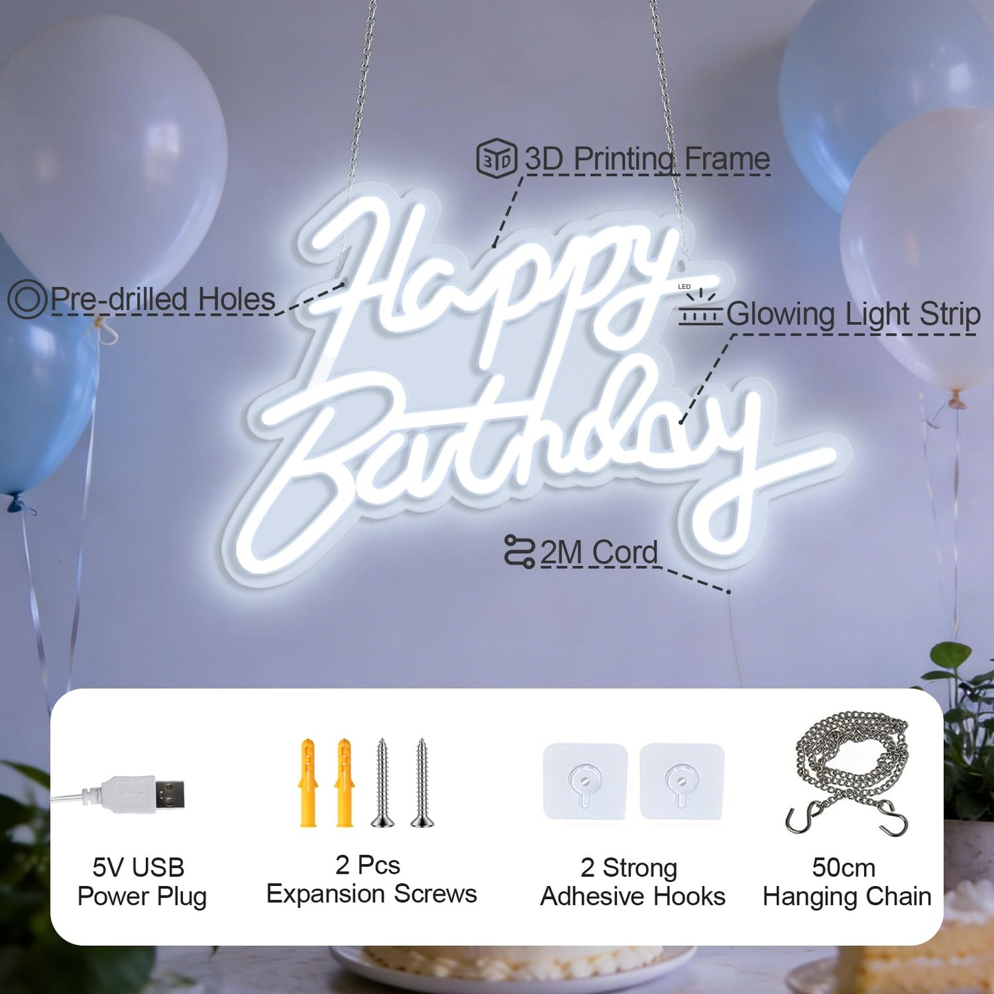 Miootly Happy Birthday Neon Sign for Wall Party Decor, LED Happy Birthday Light up Sign for Backdrop, 16"x 11" USB Powered 10 Brightness Settings Light up Signs Party Decorations Backdrop, Cool White