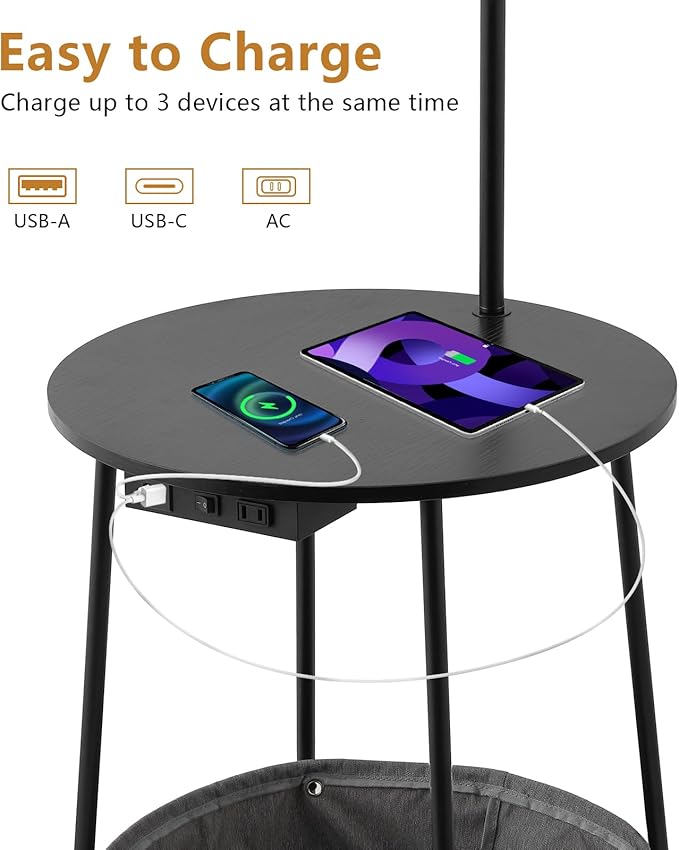 Floor Lamp with Cat Bed and Charging Station, Adjustable Lampshade, 3 Color Temperatures, Remote & Foot Switch Control, Standing Lamp with USB & AC Outlets for Living Room Bedroom, Black