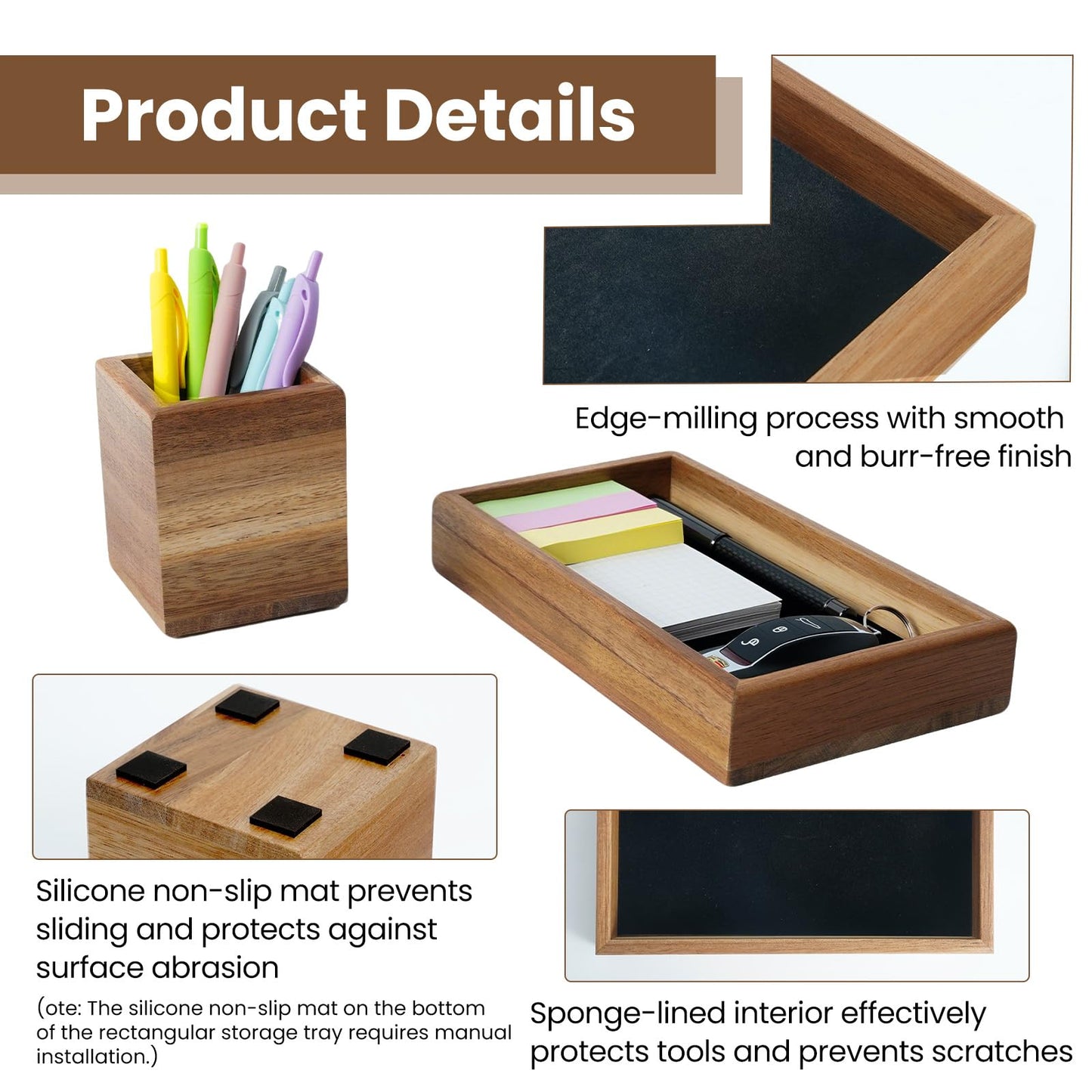 XHWUDI Wooden Pencil Holder with Desk Drawer Organizer Tray, Silicone Anti-Slip Pen Holder Set Aesthetic Desk Accessories for Office Home Supplies