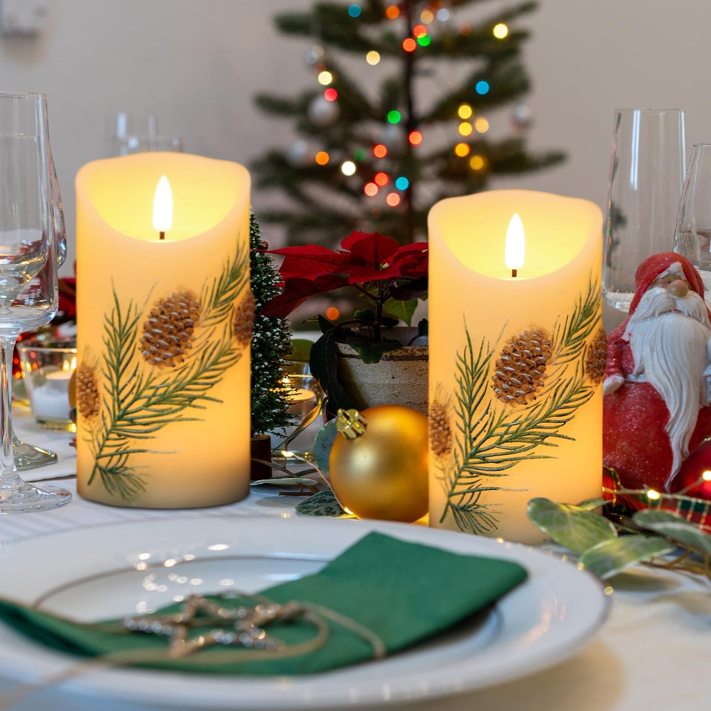Wondise Flameless Candles with Timer, Battery Operated Flickering 3D Wick Real Wax Pine Cone Candles for Christmas Holiday Indoor Decoration, Set of 2, Ivory(D3 x H5.7 Inch)